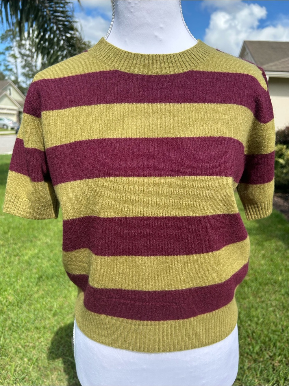 NWT🌷Lucy Paris Striped Round Neck Short Sleeve Sweater Knit Top (Chartreuse)